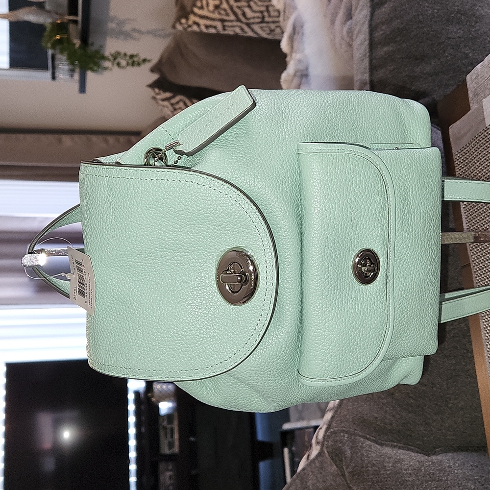 Coach New w Tag Medium Backpack Seafoam Blue Green Silver Perfect Unused Bag